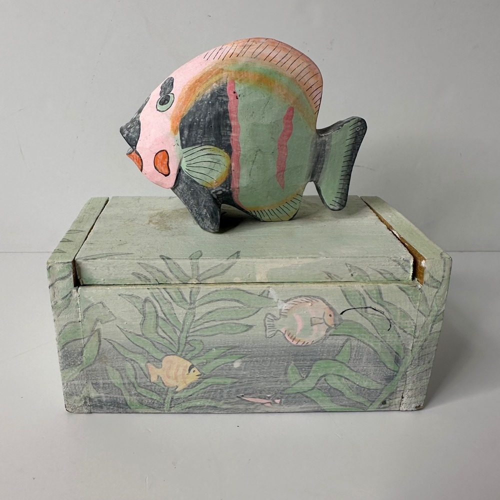 Vintage Hand Painted Wooden Fish Trinket Box Folk Art Coastal Decor Beach House